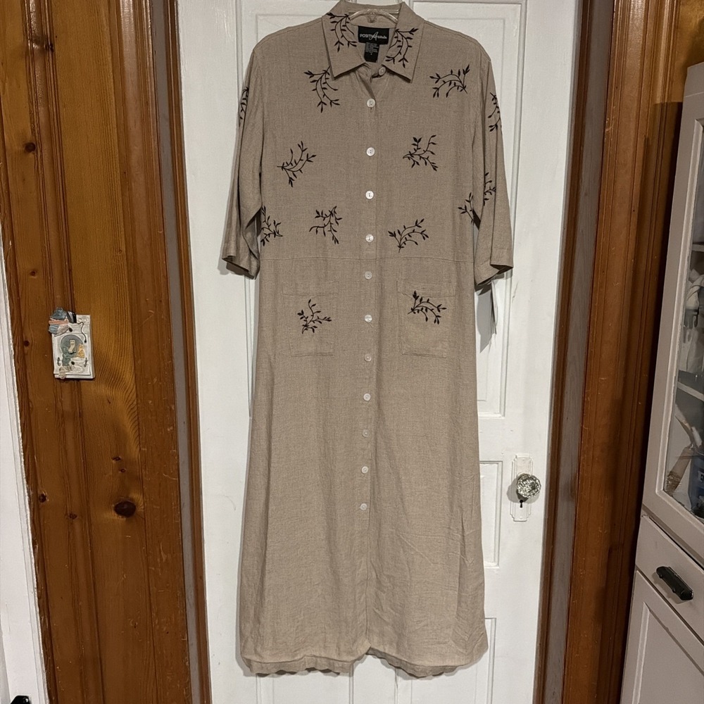 Positive Attitude Linen Blend Maxi Dress Embroidery Leaves Tan Size Small NWT!